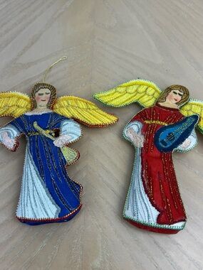 Handmade Embroidered Angel Ornament Set - Blue & Red with Yellow Wings